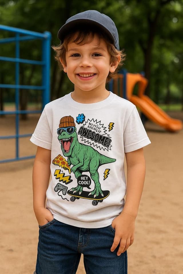 White T-Shirt  Green Dinosaur